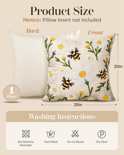 Embroidered Throw Pillow Cover 20x20 Inch, Flower Bee - color: Flower Bee, size: 20" x 20" (Pack of 1)