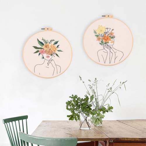 Chenflying Embroidery Starter Kits, 1/3 Sets Art Embroidery Kits for Beginners Adults with Embroidery Hoops Threads Needles and Instructions - color: Beige 2+Beige 3+Beige 4