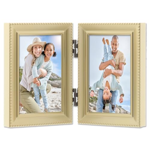 Lawrence 11423D Brushed Brass Hinged Double 2.5x3.5 Picture Frame-Beaded Edge Design - color: Satin Gold, size: 2.5x3.5 Double