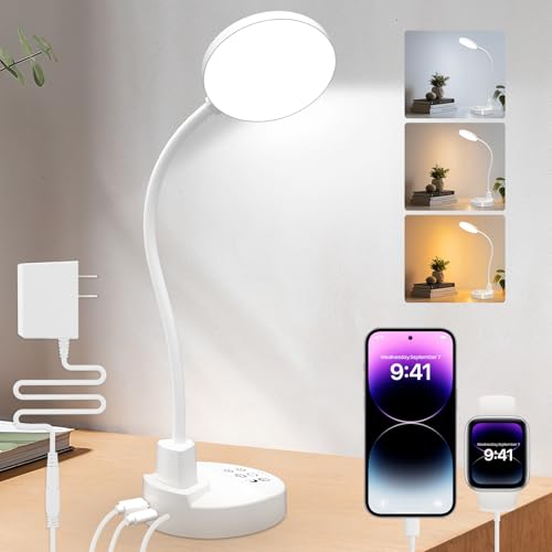 15W LED Desk Lamp with USB Charging Ports – Dimmable Table Lamp with 3 Color Temps, 5 Brightness, 4 Timers, Flexible Gooseneck Light with Base, Eye-Caring Reading Light for Home Office, Bedroom, Study - color: White, size: 4.7'' Lamp
