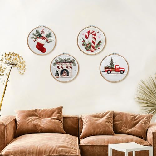 LB Christmas Embroidery Kit for Adults, 4Pc Christmas Embroidery Kits for Beginners with Red Truck, DIY Hand Cross Stitch Kit Holiday Gifts Ornaments Decorations - color: Red