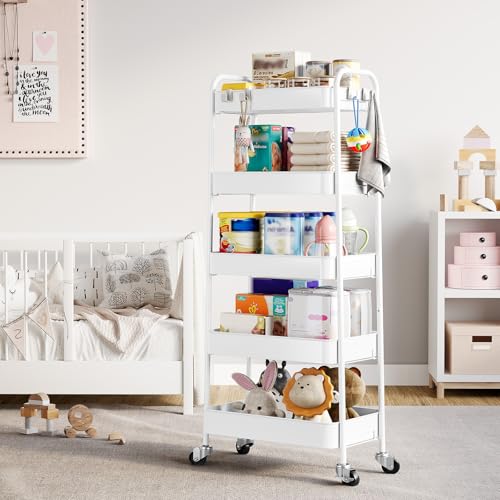 TOOLF 5-Tier Metal Rolling Cart with Wheels, Storage Utility Cart White - color: White, size: 5-Tier