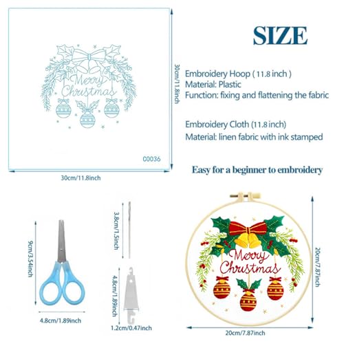 Zhenqing Merry Christmas Embroidery Kit for Beginners, Red Bells and Ornaments Craft Set with 20cm Hoop, Printed Design on 29x29cm Cotton Fabric, DIY Holiday Wall Art (C0036) - style: Christmas Bells
