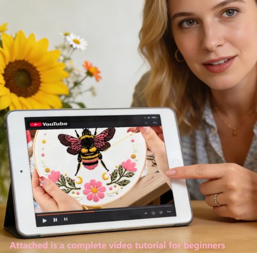 Bees Flowers Embroidery Kits for Beginners Adults, Hand Embroidery Starters Kits, Floral Stamped Cross Stitch Kits DIY Needlepoint Kits for Beginners Adults, Embroidery Hoop, Thread and Video Tutorial - color: H2111