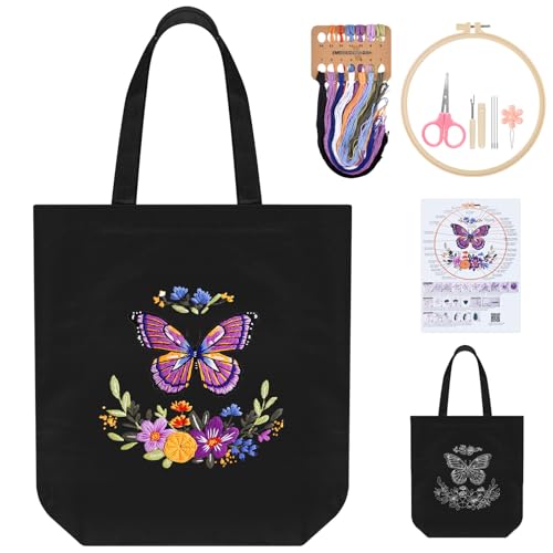 ERKOON Canvas Tote Bag Embroidery Kit for Beginners, Needlepoint Arts Crafts Cross Stitch Kits for Adults Including Stamped Embroidery Bag with Hoops, Needle, Instruction and Color Threads (Butterfly) - color: Butterfly-Black