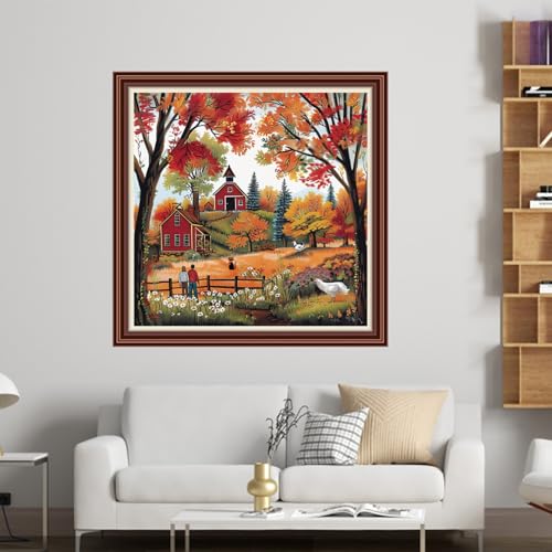 Dimensean Counted Cross Stitch Kit for Beginners, 11CT Unprinted Cross-Stitch Kit Easy Patterns Needlepoint Kit Cross Stitching Embroidery Kit Supplies-Deep Autumn Homeland Scenery 18x18 inch - color: DIYColor03