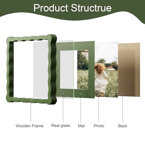 8x8 Picture Frame with Mat for 6x6, Wavy Edge Wooden Real Glass Photo Frame for Tabletop and Wall Hanging, Green, 1 Pack - color: Green, size: 8x8 in