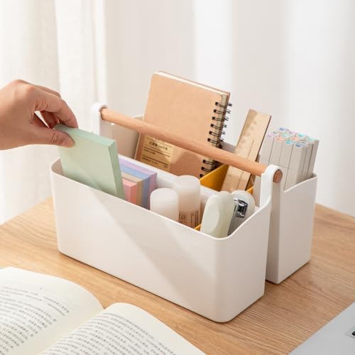 Vidifor Large Portable Caddy Tote with Handle, Plastic Craft Storage Organizer Basket with Adjustable Divided for Art Supplies, Sewing, Colored Pencils, Makeup-Yellow - color: White+Yellow