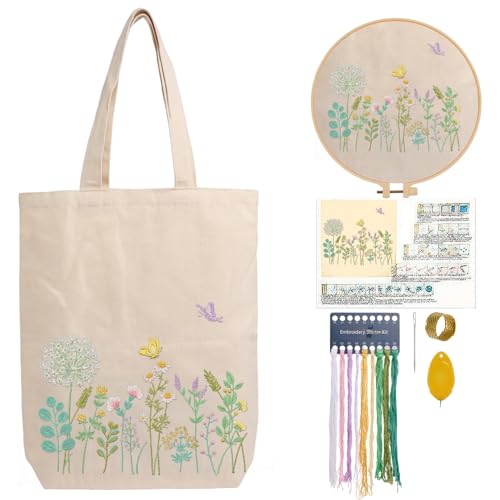 CREAWONDER Canvas Tote Bag Embroidery Kit with Pattern for Beginners, Arts and DIY Embroidery Crafts Kits for Adults, Include Instructions, Embroidery Hoops, Color Threads and Tool - color: CR002 banmeng white