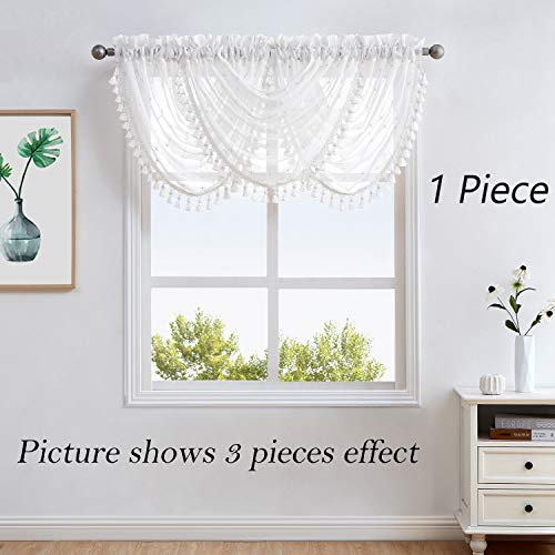 White Waterfall Valance Curtain with Gray GEO Embroidery, 56"x38", 1 Piece - color: White (Embroidered), size: 56"W x 38"L (Pack of 1)