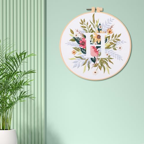 IUHUI Embroidery Kit for Beginners Adults - 26 Floral Letters Easy Patterns, DIY Hand Stitching Embroidery Set with Hoop (Flower and Grass Letter H) - color: Flower and Grass Letter H