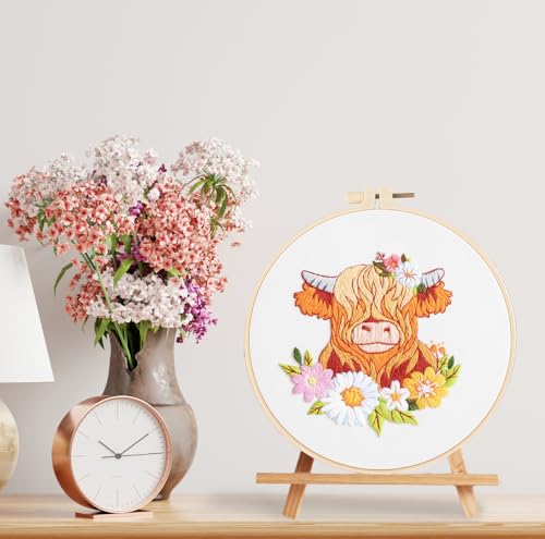 Louise Maelys Highland Cow Embroidery Kit for Beginners Floral DIY - color: kit-12