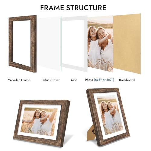 Hongkee 6x8 Picture Frame with Real Glass Wood Frame, 1 Pack (with Mat 5x7) - color: Rustic Brown, size: 6X8 in