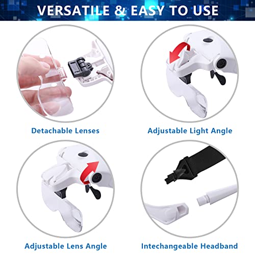 Hands Free Headband Magnifying Glass, USB Charging Head Magnifier with LED Light Jewelry Craft Watch Hobby 5 Lenses 1.0X 1.5X 2.0X 2.5X 3.5X (Upgraded Version) - color: White Head Magnifying Glass
