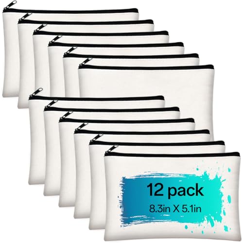 ZeeDix Small Canvas Zipper Pouch for Makeup Pencil Travel Storage 8.3x5 In - color: White, style: 12 Pcs