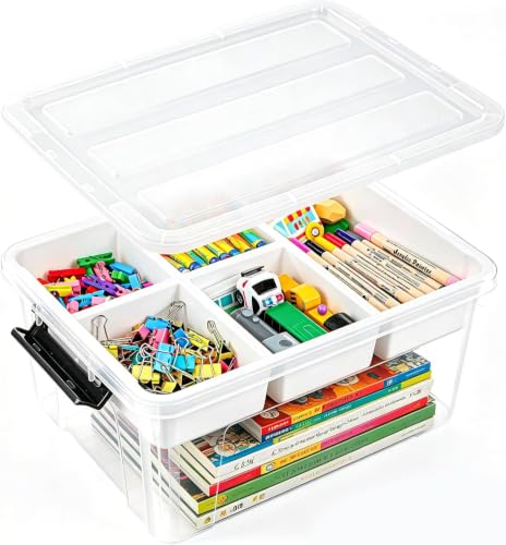 17QT Clear Storage Box with Tray for Crafts & Lego Organization - color: Clear Black+White
