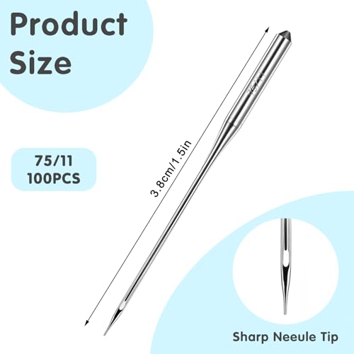 Singer Brother 100 Pcs Universal Sewing Machine Needles - Size 75/11, Heavy Duty, Quilting & Embroidery, Regular Point, Compatible with Singer Brother Old Sewing Machine
