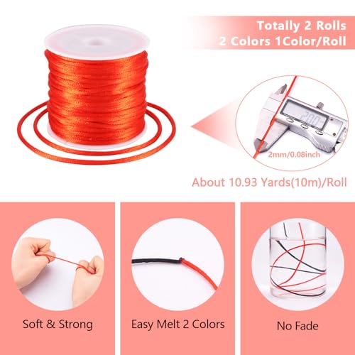 Elecrelive 2mm Rattail Silk Cord for Jewelry Making, Satin Nylon Trim Cord Red Black Silky Beading String 20 Yards Knitting Rope for Kumihimo Lanyards Jewelry Keychain Making - color: Red Black -2mm
