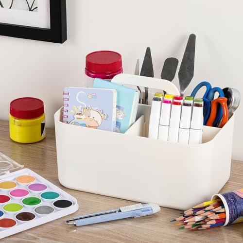 Multiuse Caddy Organizer with Handle, Portable Divided Plastic Tote Bin - Art Craft, Stationary Pen Marker Crayons, Makeup Hair Supplies Storage - Bathroom, Classroom, Dorm, Office, Desk Holder -White - color: White
