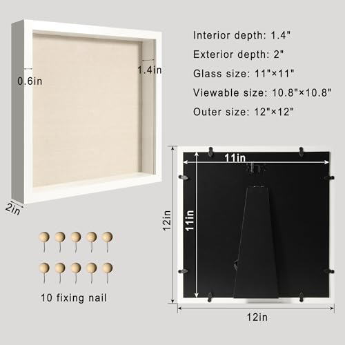 11x11 Shadow Box Display Case with Tempered Glass, White Wooden Large Memory Shadow Box Frame with Soft Linen Back for Wall or Tabletop Display - color: White, size: 11x11