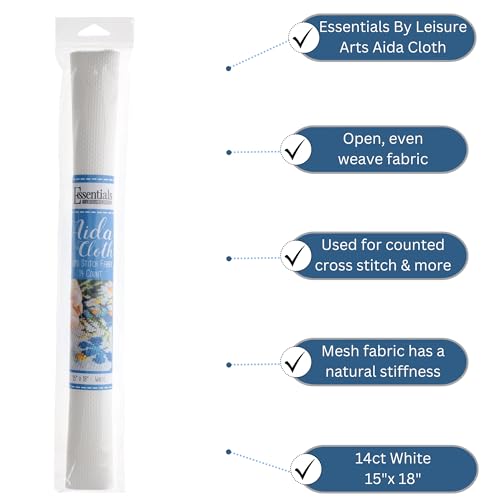 Essentials By Leisure Arts Aida Cloth, 14 Count, White, Cross Stitch Fabric, Embroidery Fabric, Cross Stitch Supplies for Crafting, Stitching, and Sewing Projects 15X18 - color: White
