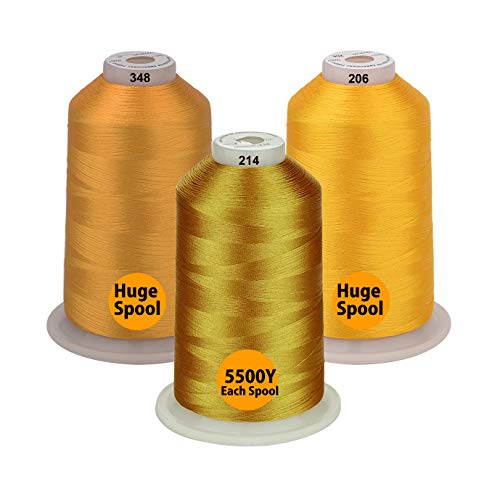 Simthread - 33 Selections - Various Assorted Color Packs of Polyester Embroidery Machine Thread Huge Spool 5500Y for All Sewing Embroidery Machines - Deep Gold - color: 3 Differ Gold