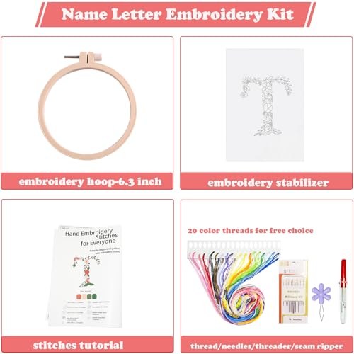 Topapfo Alphabet Letter T Stick and Stitch Embroidery Kit for Clothing, Beginners Name Embroidery Pattern Transfer Paper Stencils Water Soluble for Clothes Jeans T-Shirts Tote Bags - color: T