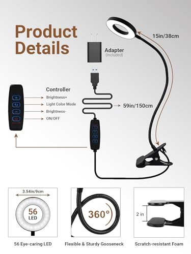 Clip on Lamp,5 Colors+10 Brightness Memory LED Desk Lamp with Clamp Light - color: Black.