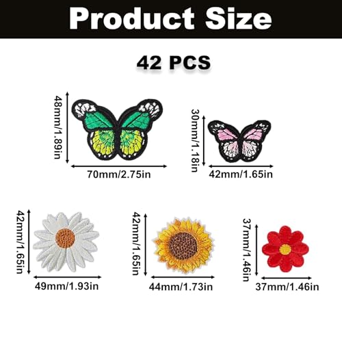 42PCS Butterfly Flower Embroidery Patches, Iron On Sew On Appliques DIY - color: Butterfly & Flower