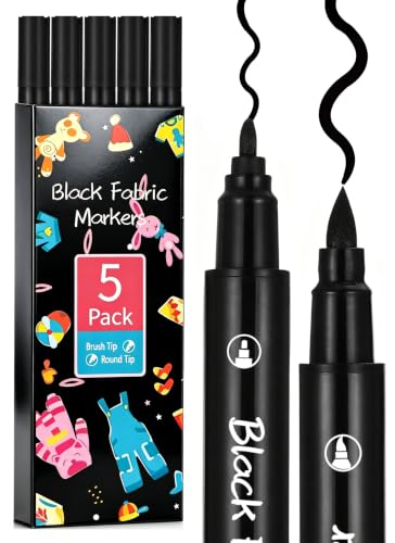 5pcs Fabric Markers Permanent Paint Pens for White Clothes, Bleed Proof, Water Resistant, No Fade, Quick Dry Professional Dual Tip Pens DIY for Canvas, Cover Stains, Clothing, Black - color: Black