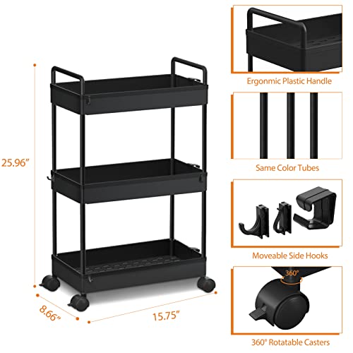 Ronlap 3 Tier Slim Rolling Storage Cart with Wheels Utility Organizer,Black - color: Black