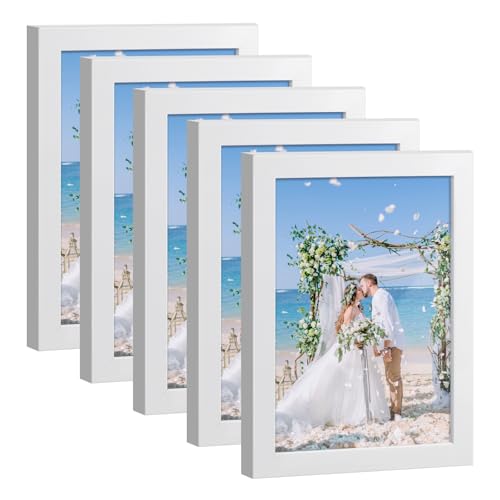 HappyHapi 4x6 Picture Frame Set of 5, Wall or Tabletop Display, White - color: White, size: 4x6