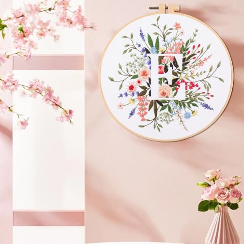 IUHUI Embroidery Kit for Beginners Adults - 26 Floral Letters Easy Patterns, DIY Hand Stitching Embroidery Set with Hoop (Flower and Grass Letter E) - color: Flower and Grass Letter E