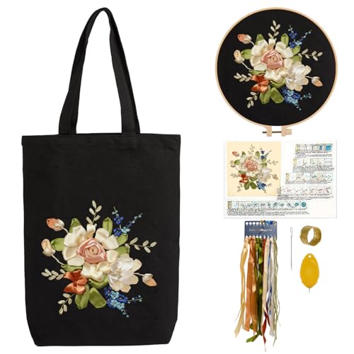 CREAWONDER Canvas Tote Bag Embroidery Kit with Pattern for Beginners, Arts and DIY Embroidery Crafts Kits for Adults, Include Instructions, Embroidery Hoops, Color Threads and Tool - color: Cr002 Xiaoqingxin06 Black