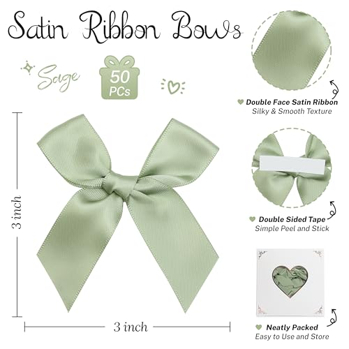 Self Adhesive Sage Green Satin Ribbon Bows for Crafts 3", 50 Pack - color: Sage Green