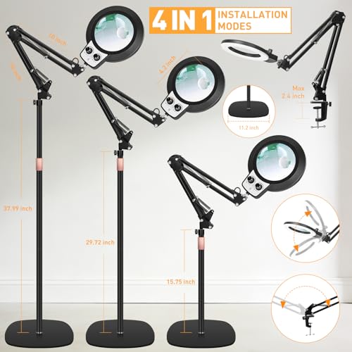 4In1 Floor Magnifying Lamp with Light, 12X 30X Glass Magnifier Black - color: Black, size: 12x 30x