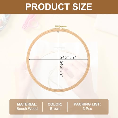 PATIKIL 3 Pieces 9 Inch Beech Wood Embroidery Hoops, Circle Cross Stitch Hoop Frames Embroidery Hoop Ring with Adjustment Brass Screw for Sewing, Needlework, DIY Craft Decoration - size: 9 Inch