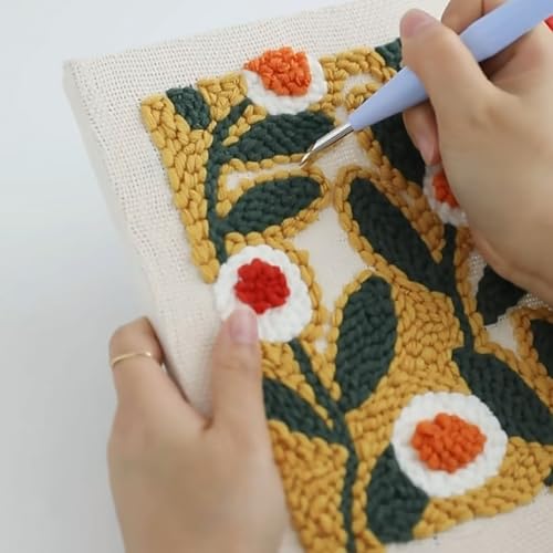 Allazone Punch Needle Embroidery Kit - Square Frame with Flower Pattern, Hoop, Yarns, Beige and Yellow - color: Beige and Yellow