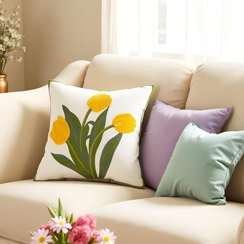 Embroidered Throw Pillow Covers 16x16 Pack of 2 Yellow Tulip - color: Yellow Tulip, size: 16" x 16" (Pack of 2)