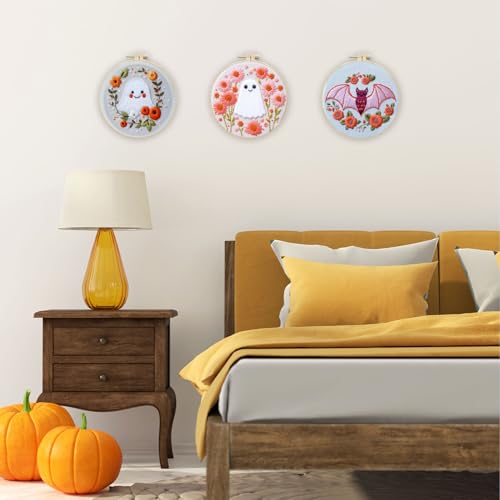LB Pink Halloween Embroidery Kit for Beginners Adults, 3 Sets Hand Embroidery Starter Kit with Ghost Pattern and Instructions Stamped Cross Stitch Kits Include Embroidery Hoop Needles Threads Scissors - color: Pink White