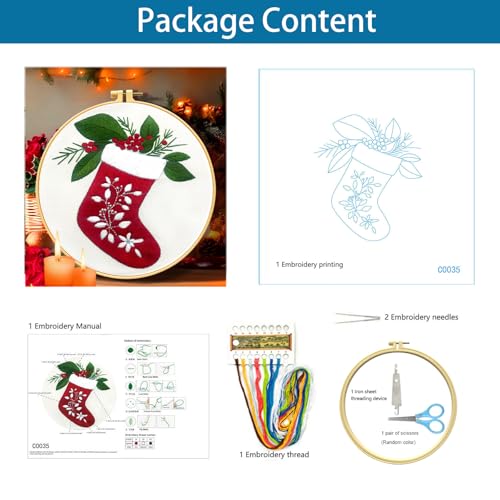 Zhenqing Christmas Stocking Embroidery Kit for Beginners, Red Stocking Needlework Kit with Pre-Printed Fabric, Hoop, Threads & Tools (C0035) - style: Classic Christmas Stocking