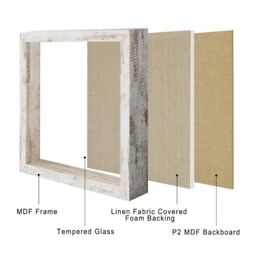 8x8 Shadow Box Picture Frame Display Case with Soft Linen Back, Distressed White Wooden Memory Shadow Box Frame with Tempered Glass Cover for Wall or Tabletop Display - color: Distressed White, size: 8x8