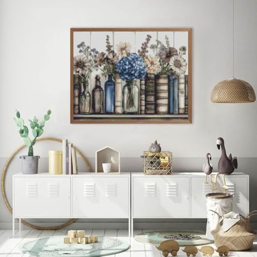 Stamping Cross Stitch Kit Books Flowers, Counting Cross Stitch Kit for Adult Beginners, with Glass Bottles Full Line DIY Cross Stitch Stitching Kit for Home Decor Cross Stitch Patterns 15.7x11.8inches - color: D022