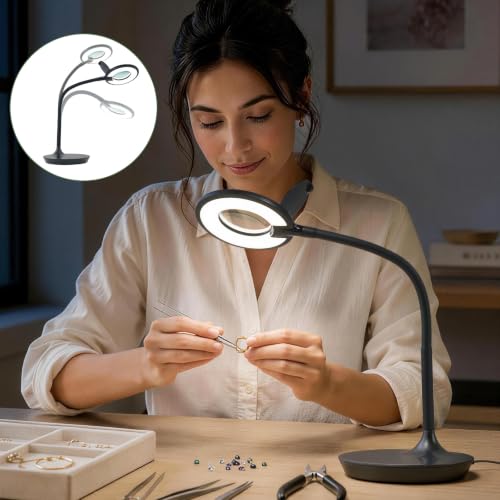 3X+6X Magnifying Glass with Light and Stand, Dimmable LED Magnifying Lamp - color: Black