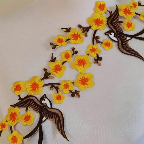 1pair Quince Sakura Flower Embroidery Iron On Applique Patches (Yellow) - color: Yellow