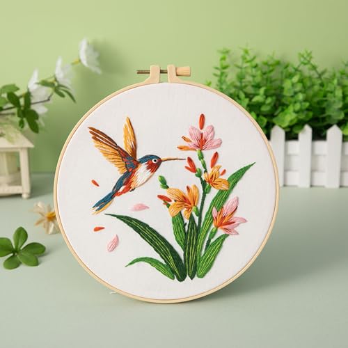 GLTAYLMY 3 Pack Embroidery Kits for Adults, Hummingbird and Flower Embroidery Kit for Beginners with Clear Instructions,1 Plastic Embroidery Hoops, Stamped Patterns, Colorful Threads, Tools - color: Bird123