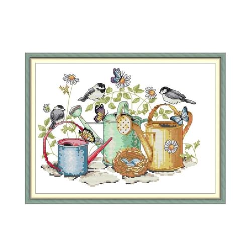 Rosyfoxes Cross Stitch Kits Stamped Full Range of Embroidery Starter Kits for Adult DIY- Printed kit Bird and Kettle (Printed) 11ct 3-strands16.9×13 inches - color: printed kit Bird and Kettle(printed)11ct 3-strands16.9×13inches