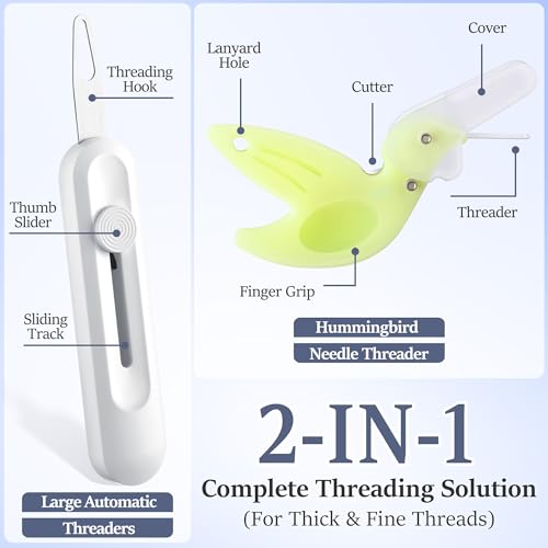Dreyoo Needle Threader Set for Hand Sewing, 2 Large Automatic Threaders for Yarn & Thick Thread + 2 Hummingbird Fine Threaders with Cutter, Threading Tool Kit for Embroidery, Sewing Machine (4 Pack)