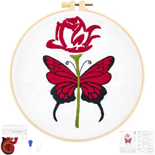 Butterfly Rose Embroidery Kits for Beginners Adults, Valentine's Day Hand Embroidery Kits, Cross Stitch Kits for Adult Anniversary Valentine's Gifts, Entire Set of Embroidery Supplies & Video Tutorial - color: H2068