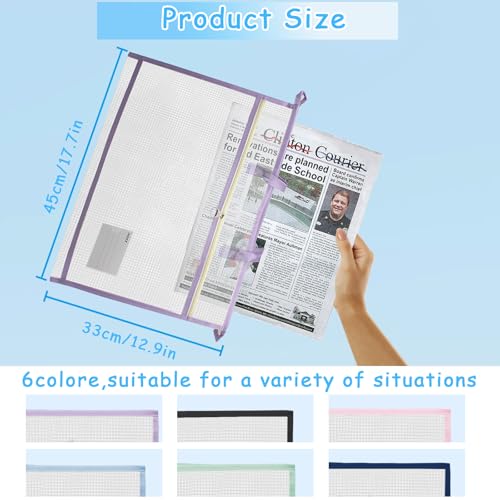 TUSAUW 6 Pcs A3 Project Bags for Quilting Craft Project Bag Clear Mesh Sewing Project Bag with Zipper Handles&Pockets for Artworks Charts and Teaching Material - color: light blue, light pink, light purple, light green, black, and dark blue